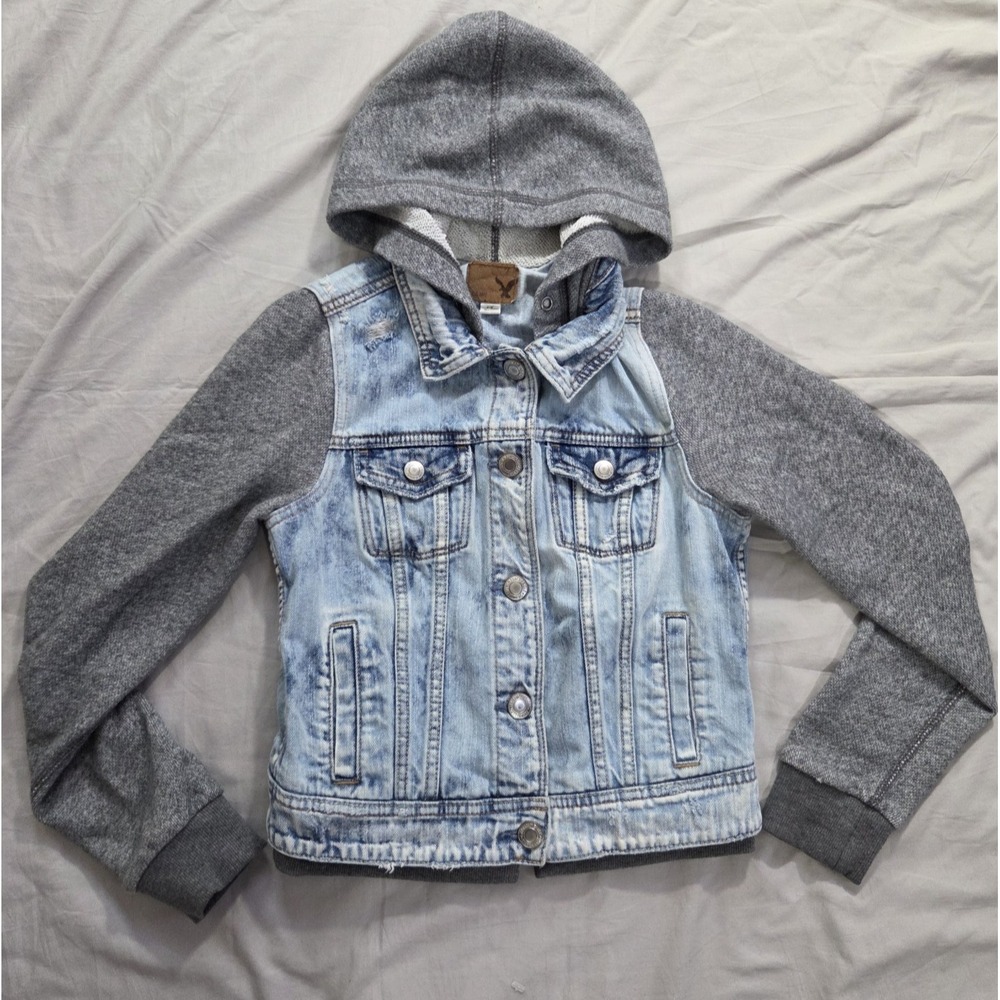American Eagle Outfitters Women's Jean Jacket w/Knitted Sleeves & Hood Size S/P
